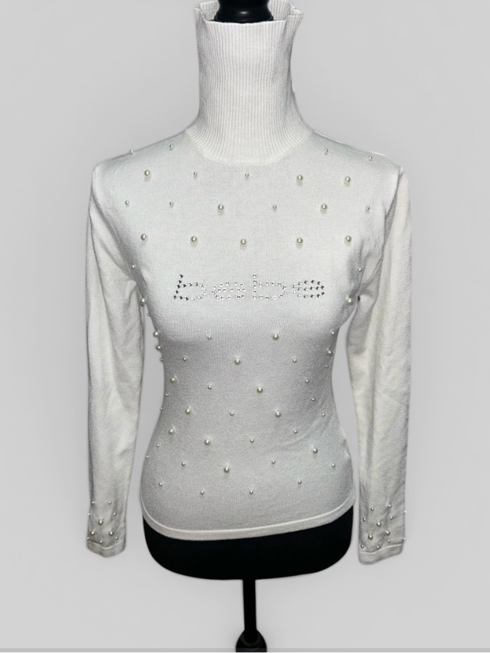 bebe White Pearl & Rhinestone Turtleneck Sweater